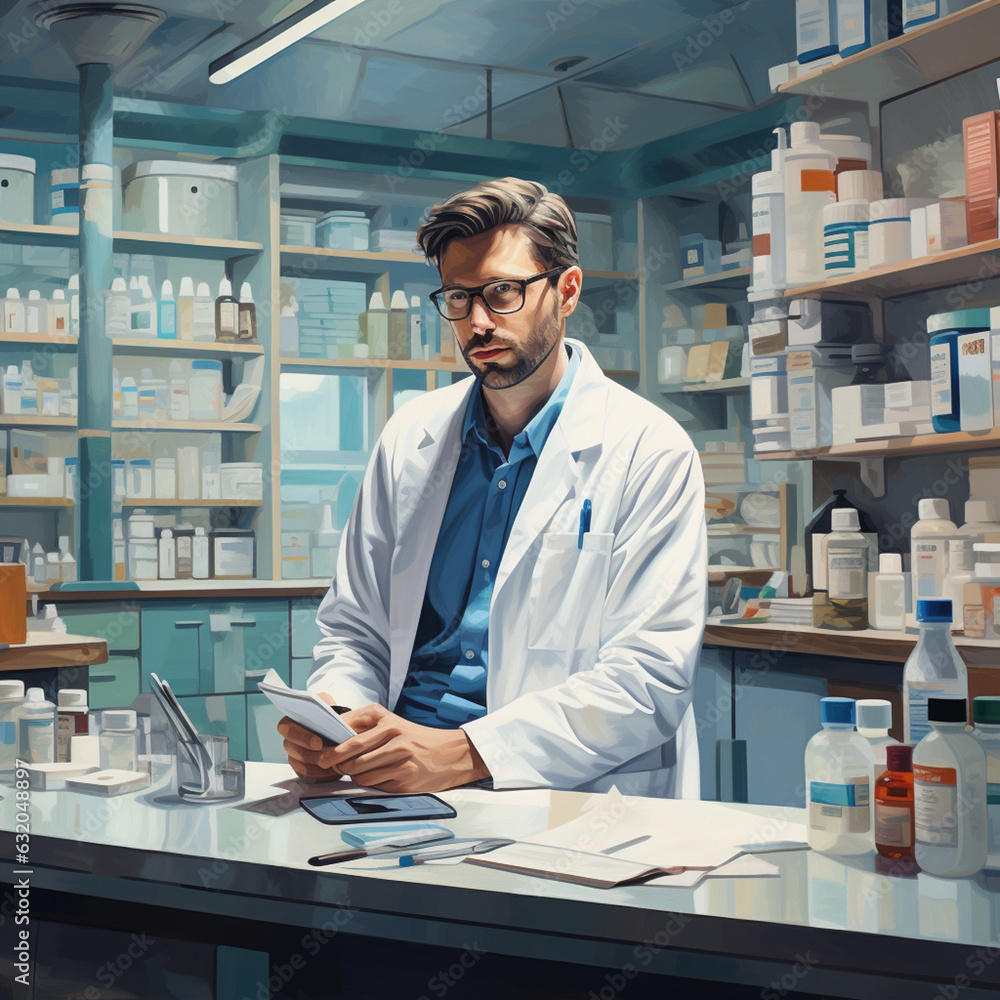 Pharmacist in the pharmacy. Generative AI. Pharmacist in the pharmacy. Generative AI.