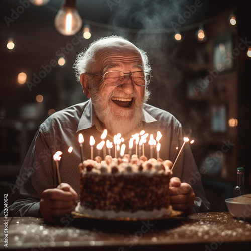 Senior man with his birthday cake. Generative AI.