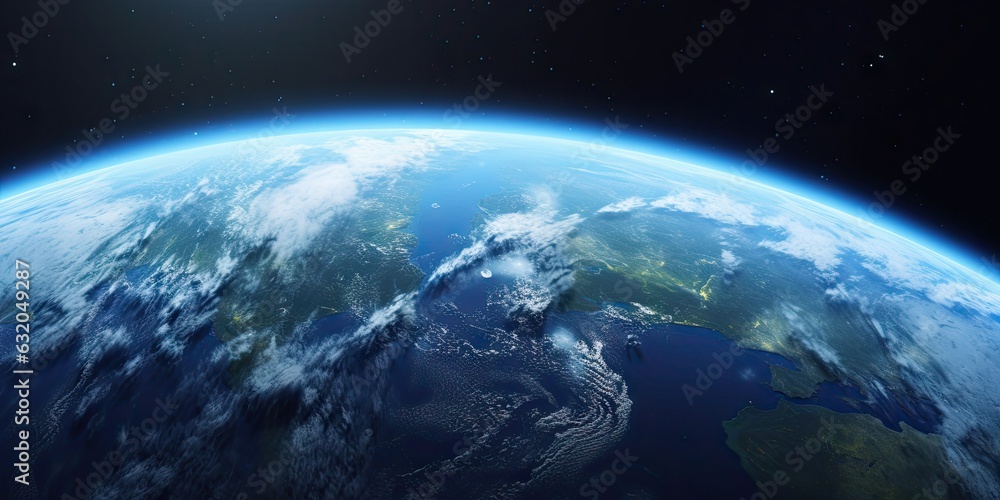 Fototapeta premium Blue space background with earth and galaxy. Abstract wallpaper with planetary glow. Science and education in outer space