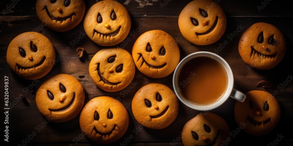 Funny delicious ginger biscuits for Halloween on the table. horizontal view from above, generative ai Funny delicious ginger biscuits for Halloween on the table. horizontal view from above, generative ai