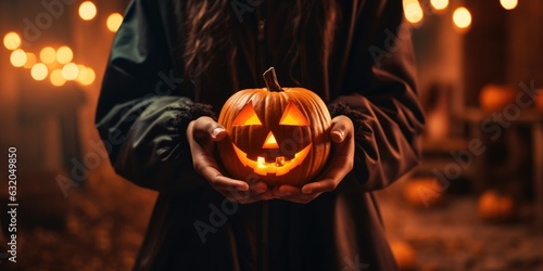 Close up woman hand holding pumpkin in costumes witch halloween in a dark forest, Focus on hands holding pumpkin, generative ai