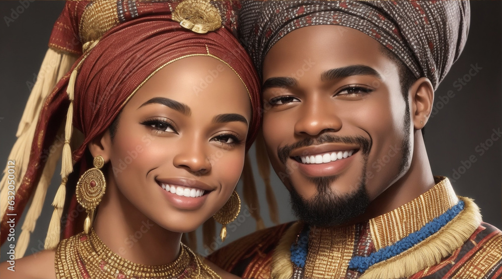 Beautiful African woman and man in traditional dress smiling and looking at camera. Generative AI.