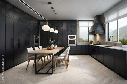 Interior of modern kitchen with black cabinets
