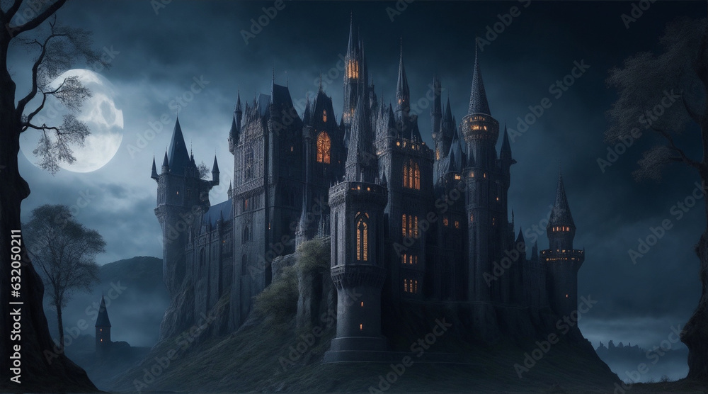 Gothic haunted castle illustration. Generative AI.