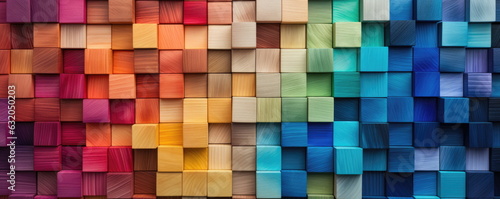 Colorful wooden blocks aligned. Wide format. Hand edited generative AI. 