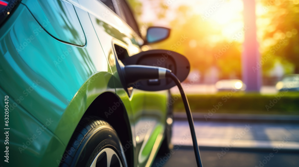 EV Car or Electric car at charging station with the power cable supply plugged in on blurred nature with soft light background. Created with Generative AI technology.