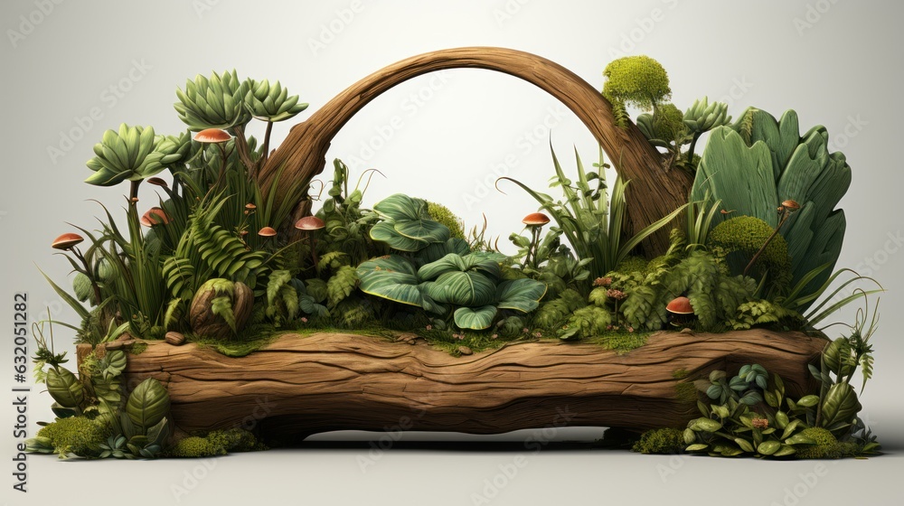 Fototapeta premium Wooden signboards in jungle. Wood board with tropic leaves, moss and liana plants for game ui.
