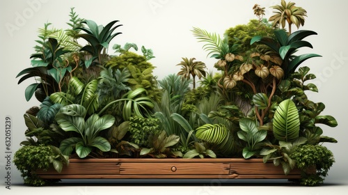 Wooden signboards in jungle. Wood board with tropic leaves  moss and liana plants for game ui.