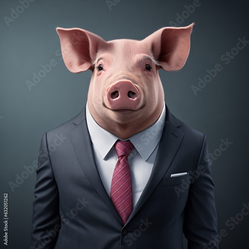 A pig dressed as a businessman in a coat and tie. 