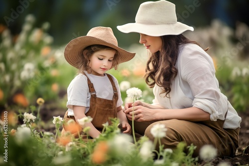 Beautiful young female farmer working in her garden with her daughter