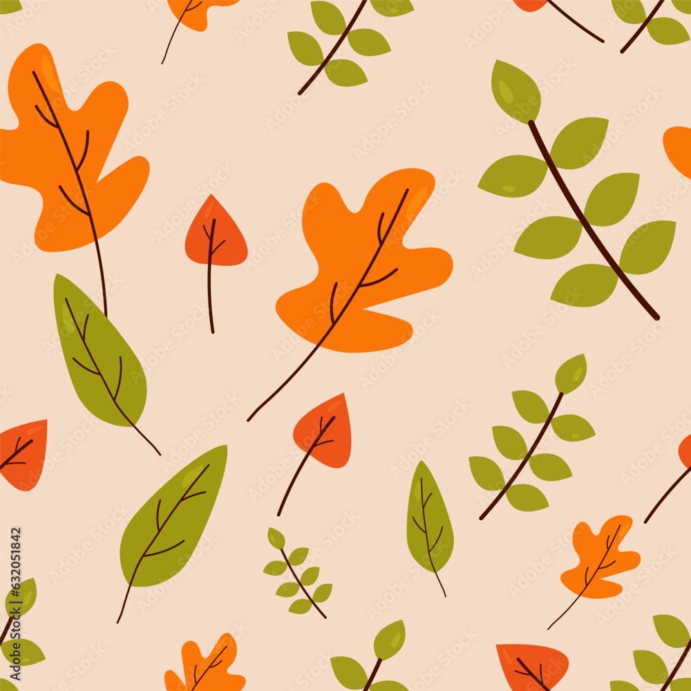 Autumn orange and green leaves. Vector seamless pattern for textile or book covers, wallpapers, design, graphics, printing, hobbies, invitations. Background eps 10.