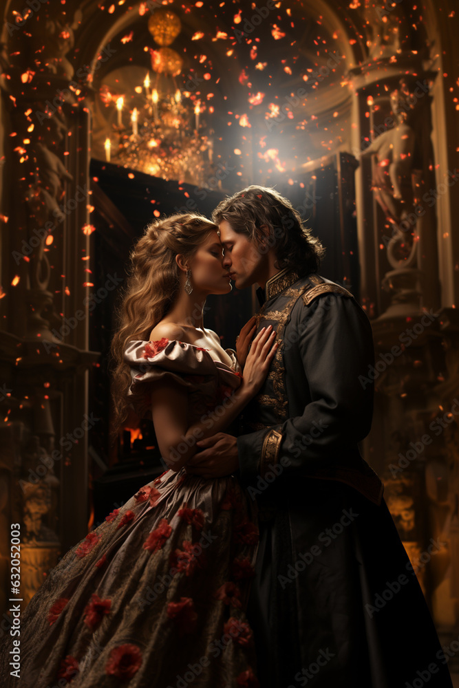 prince and princess share a tender embrace and heartfelt kiss in castle, fairy tale characters prince and princess share a tender embrace and heartfelt kiss in castle, fairy tale characters