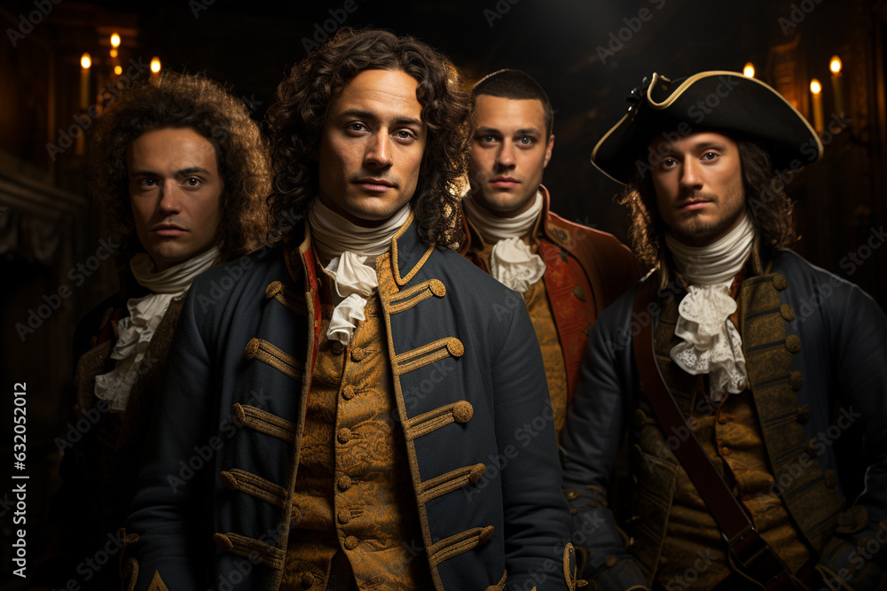 Gallant Musketeers stand united on a Royal Quest, their gaze directed confidently towards the camera Gallant Musketeers stand united on a Royal Quest, their gaze directed confidently towards the camera