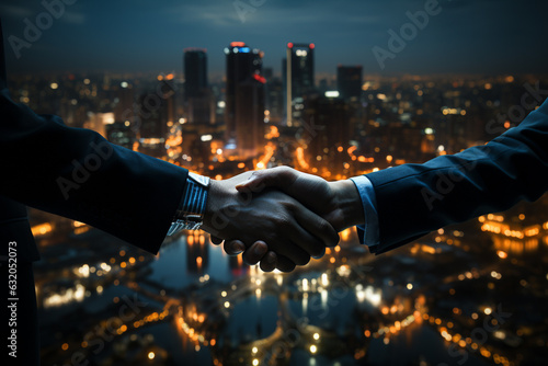 Businessman handshape with big city skyscrapers at nigths vice on background photo