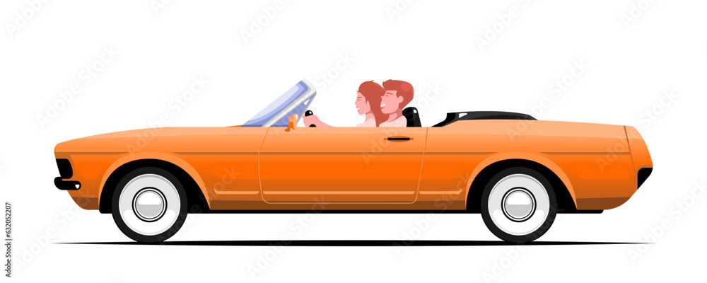 Side view, Human couple tourist in classic car on isolated background, Vector illustration.