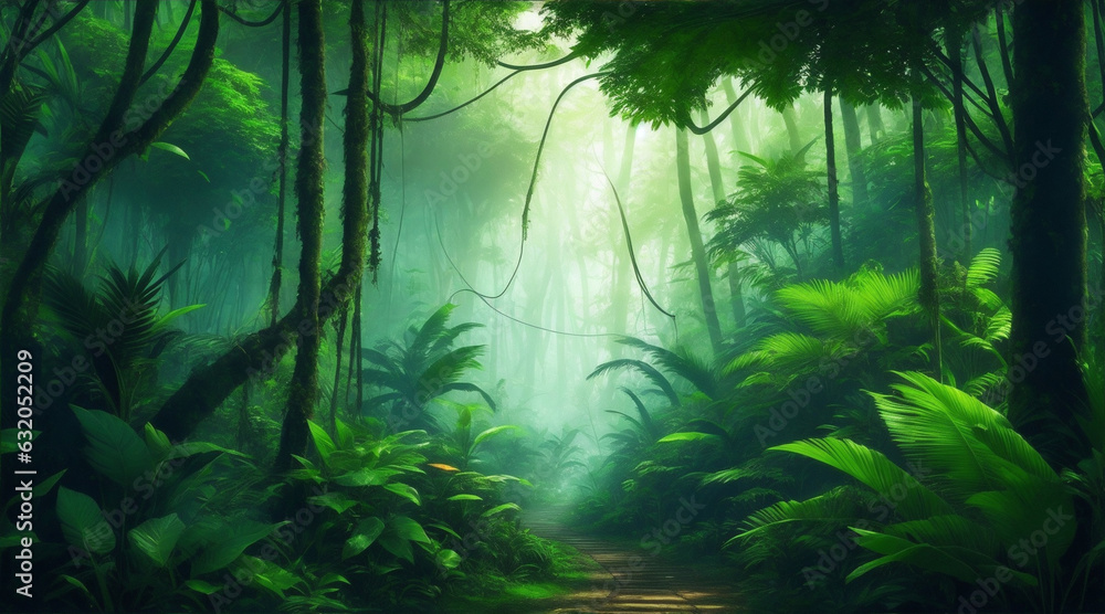Jungle background forest nature scene futuristic. Generative AI.