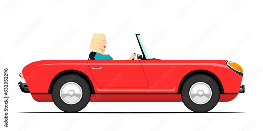 Side view, Woman tourist in classic car on isolated background, Vector illustration.