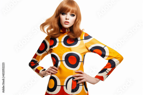 Stylish redhead woman in 1970s psychedelic dress on white background