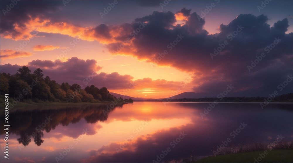 A landscape with a lake and clouds and a sunset. Generative AI. A landscape with a lake and clouds and a sunset. Generative AI.