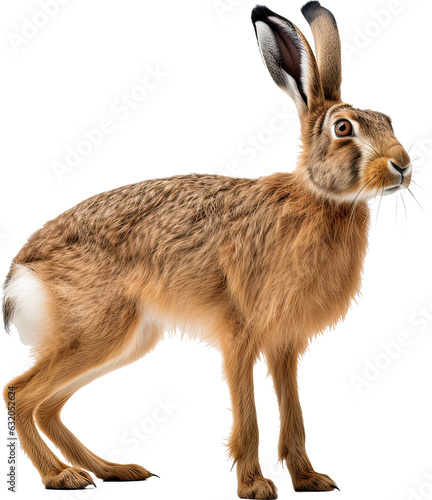 The hare stands sideways on a transparent background. AI generated