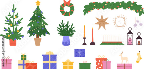 New year and christmas home decorations collection. House decor, xmas tree, gift boxes and candles. Scandinavian style winter holiday vector set