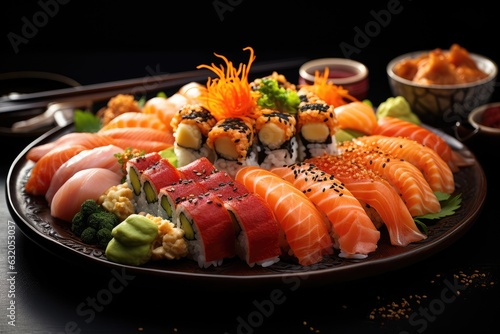 A delicious sushi platter with chopsticks - Japanese cuisine and culture - AI Generated