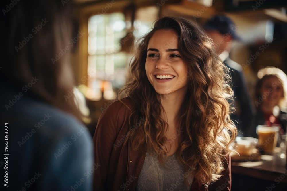 A young woman laughing with her friends at a café - Social interaction and happiness - AI Generated A young woman laughing with her friends at a café - Social interaction and happiness - AI Generated