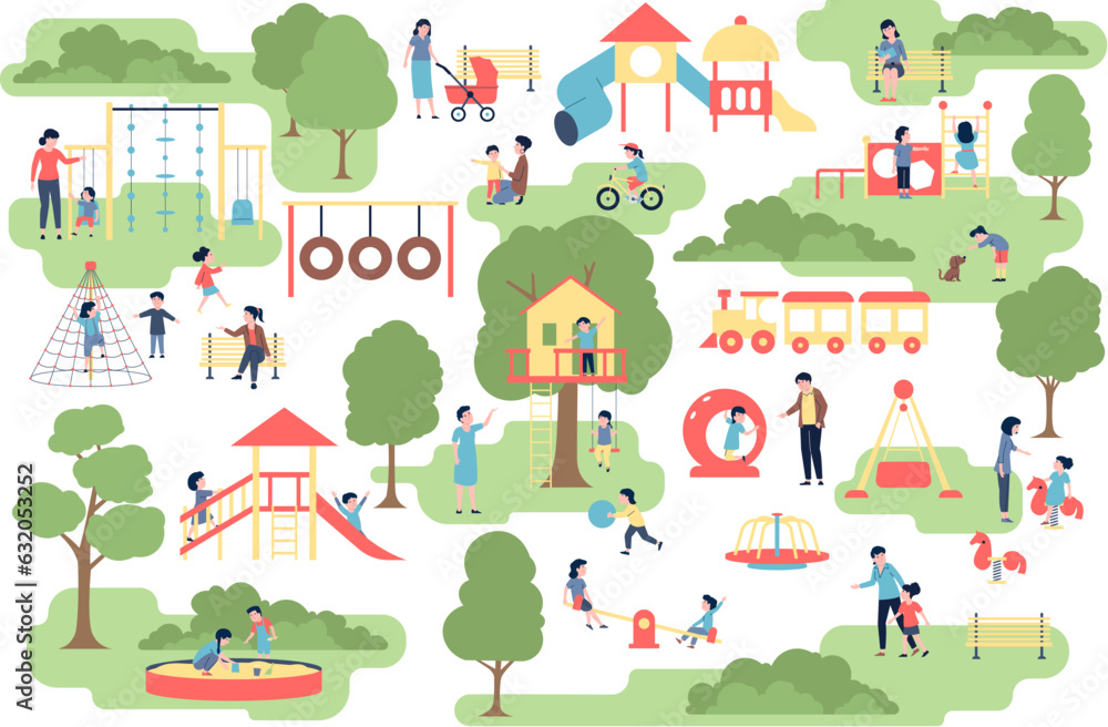 Children play in town playground in park. Kids outdoor activities, walking with mother and father. Cartoon flat kindergarten, recent vector scene