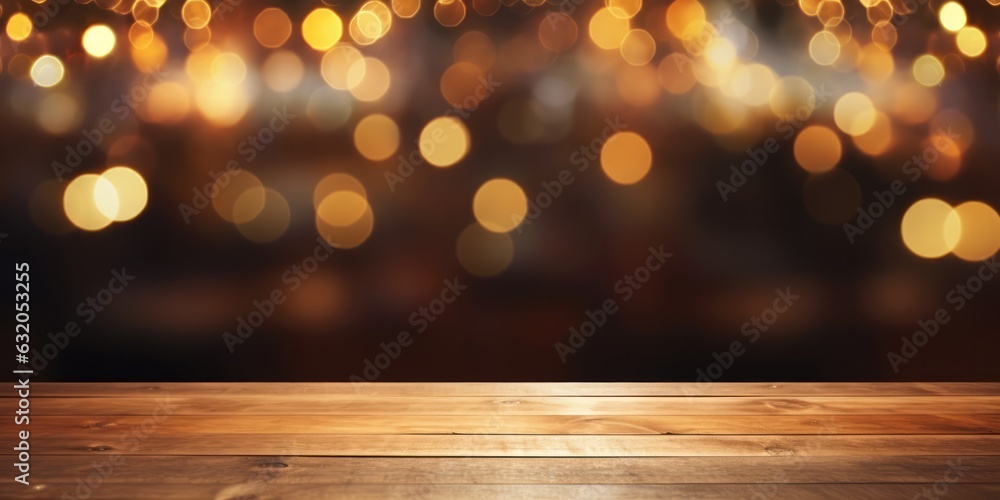 Empty wooden table with bokeh background, night view, blurred bokeh lights background, generative ai Empty wooden table with bokeh background, night view, blurred bokeh lights background, generative ai