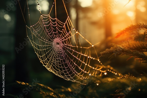 Close-up of a dew-kissed spider web in a forest - Nature's art and mystery - AI Generated