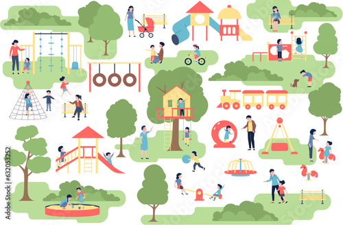 Children play in town playground in park. Kids outdoor activities  walking with mother and father. Cartoon flat kindergarten  recent vector scene