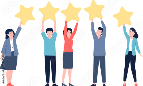 Flat people hold rating stars. Review star or feedback in internet, goods recommendations. Comments of clients, customer recent vector characters