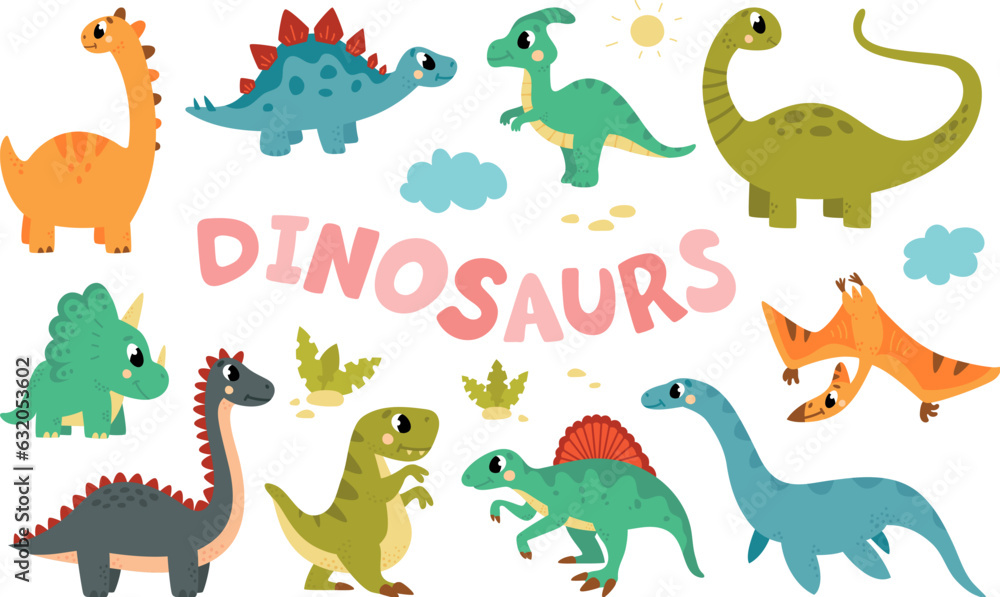 Fototapeta premium Cute flat herbivore dinosaur, cartoon dinosaurs and reptiles. Dino doodle characters, children jurassic park animals. Prehistoric monsters classy vector set