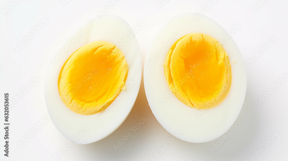 Boiled egg isolated on white background, top view, close up, flat lay. Boiled egg isolated on white background, top view, close up, flat lay.