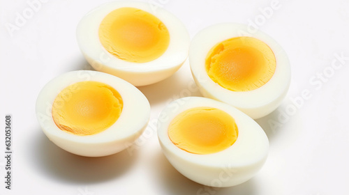 Boiled eggs isolated on white background, top view, close up, flat lay.