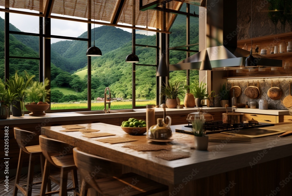 Luxurious kitchen with wood design and natural view. generative ai