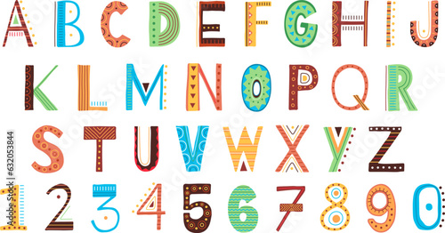 Ethnic tribal style alphabet, african type letters and numbers. Lettering graphic design, creativity typing symbols, racy vector typography collection
