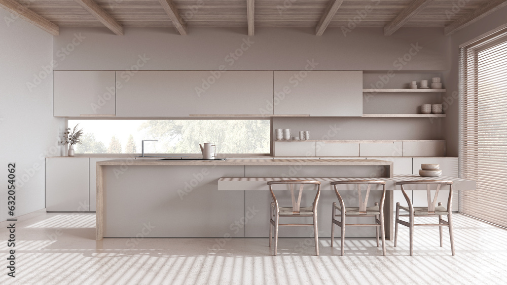 Minimal bleached wooden kitchen with island in white and beige tones. Resin floor and wooden ceiling. Cabinets, dining table and decors. Japandi interior design - obrazy, fototapety, plakaty 