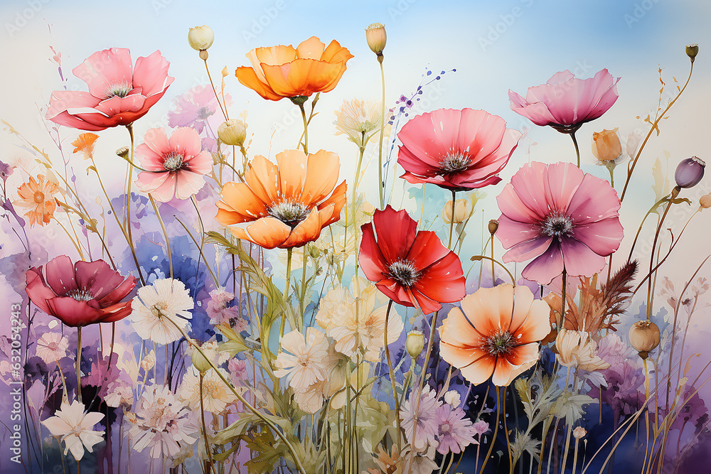 watercolor art of A field of wildflowers swaying 