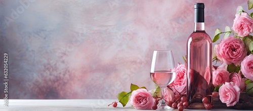 a wine tasting in a wine shop or bar with a bottle of rose wine on a gray table and spring pink flowers. The wine can be called rosado, rosato, or blush wine. empty space for copying.