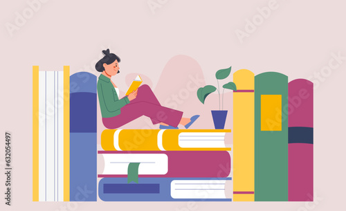 Girl reading book concept. Student read textbook or diary, giant books and young female character. Hobby or self education, splendid vector concept