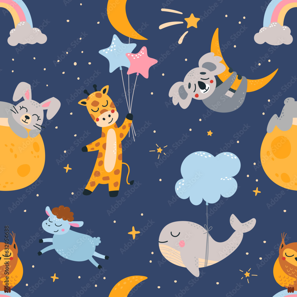 Sleeping animals seamless pattern. Dream whale, sleep animal cute cartoon children background. Bedtime textile print classy vector graphic design