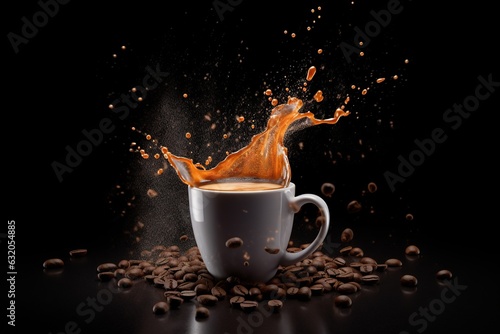 espresso coffee Set of cardboard cups. Aromatic coffee splashes with falling coffee beans on black background. Banner. 3D illustration.