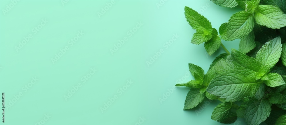 A bunch of mint herbs, fresh peppermint leaves, is seen on a trendy