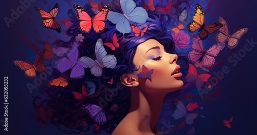 floral illustration of woman with butterflies and flowers in her hair, blue and purple hues