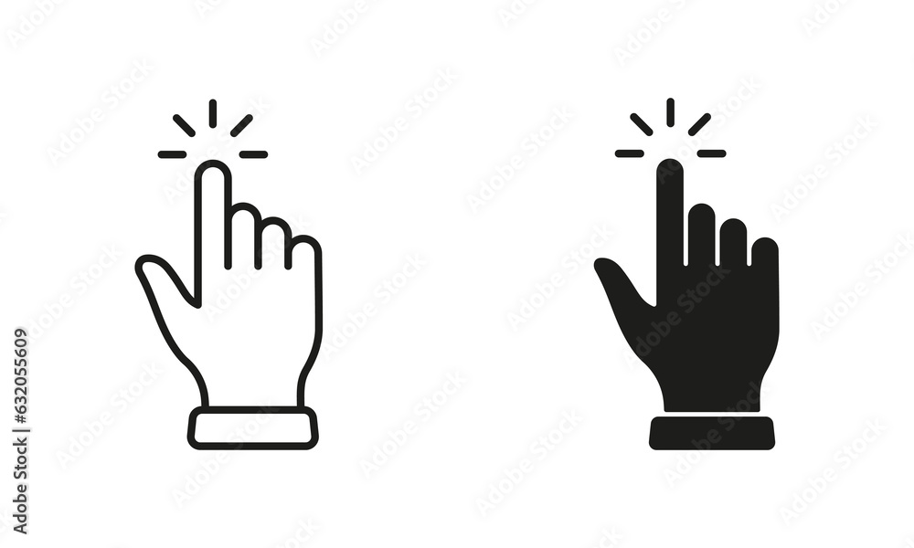 Fototapeta premium Press Gesture, Hand Cursor for Computer Mouse Line and Silhouette Black Icon Set. Click, Tap, Touch, Point Sign Collection. Pointer Finger Pictogram on White Background. Isolated Vector Illustration