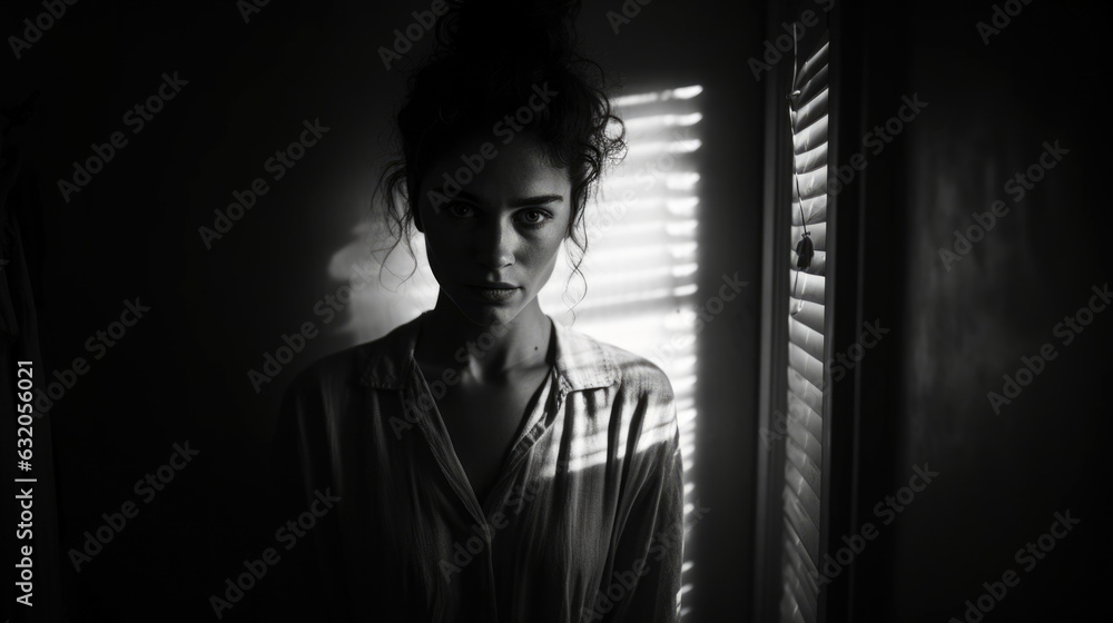 A black and white photo of a person standing in a corner their arms crossed defensively a shadow of sadness on their face. A black and white photo of a person standing in a corner their arms crossed defensively a shadow of sadness on their face.