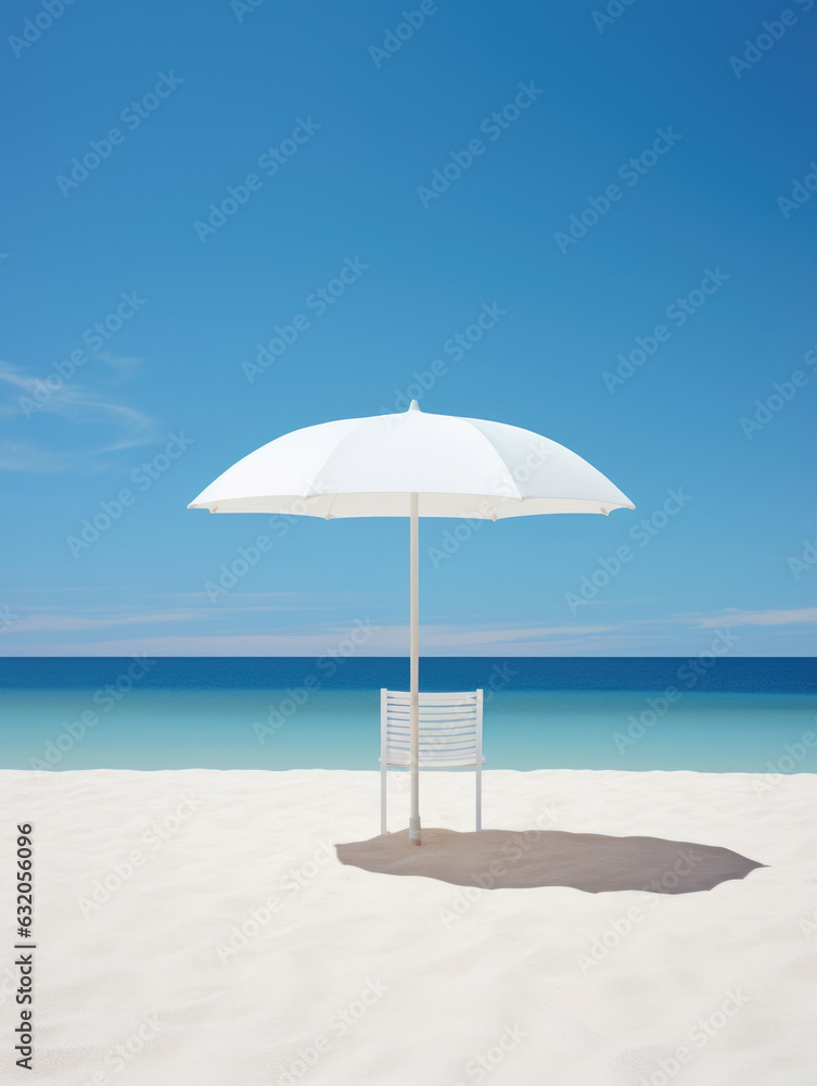 A white sun umbrella stands tall in the middle of a deserted beach a calming blue sea stretching out behind it. A wooden bench sits
