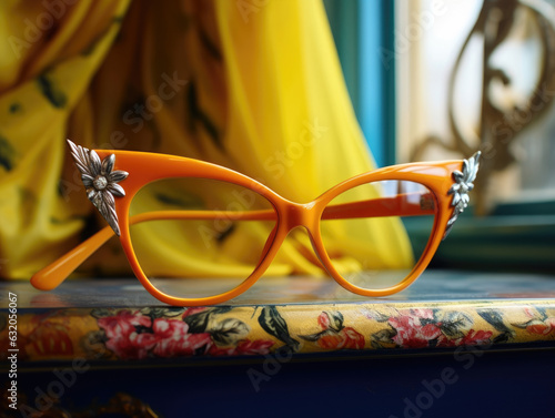 A vibrant yellow pair of cateye glasses with glittery frames subtly hinting at a feeling of whimsical excitement. photo