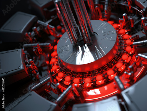 A closeup of a futuristiclooking tool with a metallic silver casing bright red ons and an array of antennas extending outward. photo